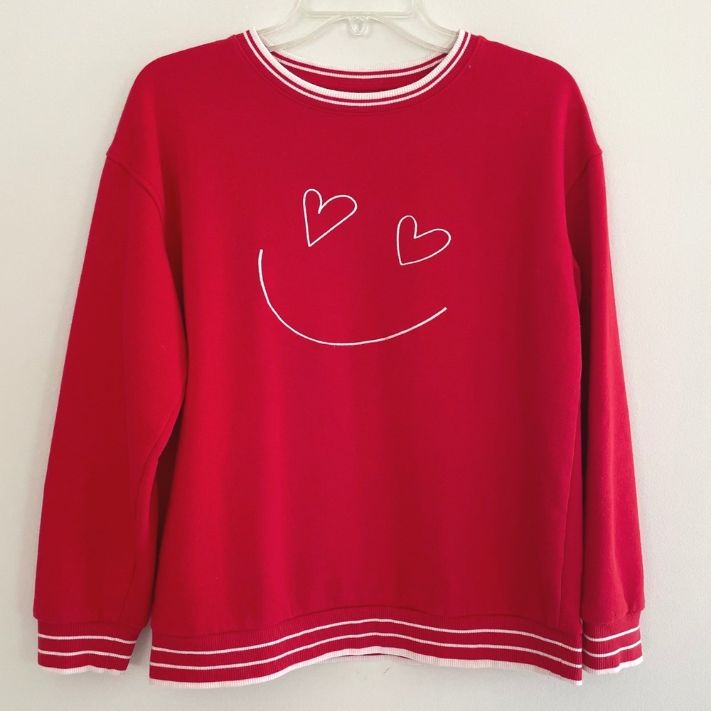 Cat & Jack Red Heart Eye Smiley Face Sweatshirt XL 14 Varsity Stripe Pullover